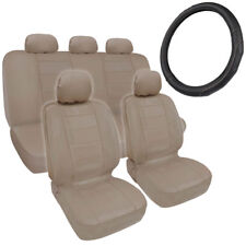 Beige Tan Synth Leather Seat Covers for Car + Stitched Grip Steering Wheel Cover picture