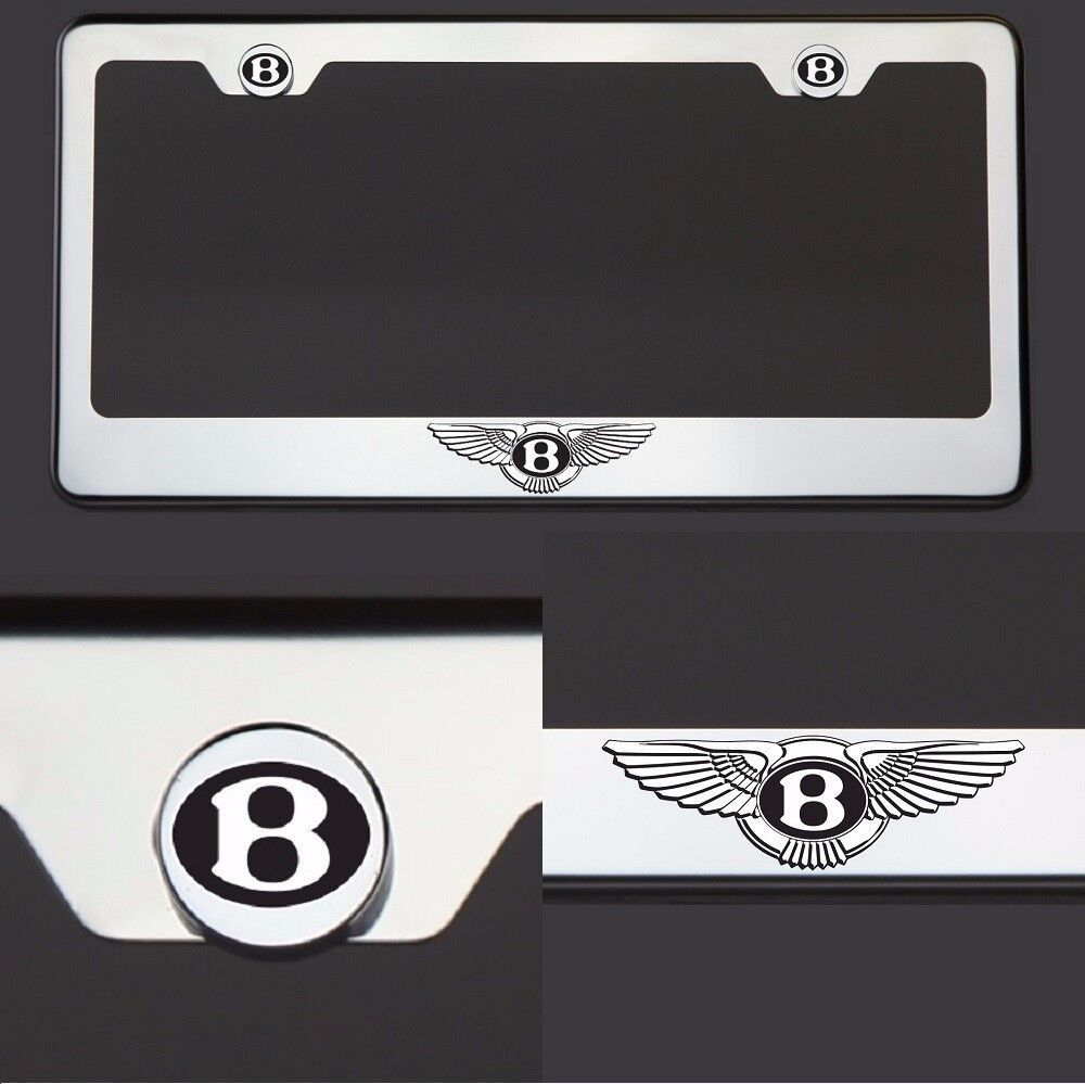 T304 Chrome Bentley Logo Black Letter Laser Etched Engraved License Plate Frame