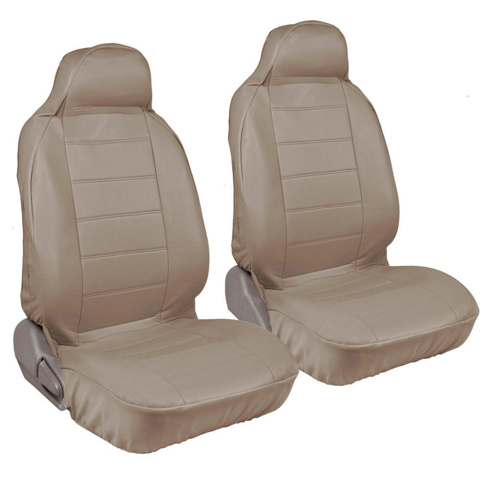 Beige Tan PU Leather Car Seat Covers - High Back Deluxe Leatherette Pair