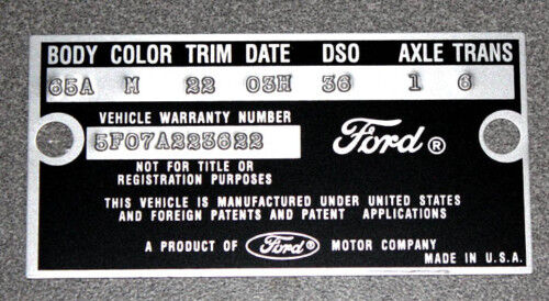 1965 Mustang Falcon Data Plate Stamped with your Paint, Body, Color information