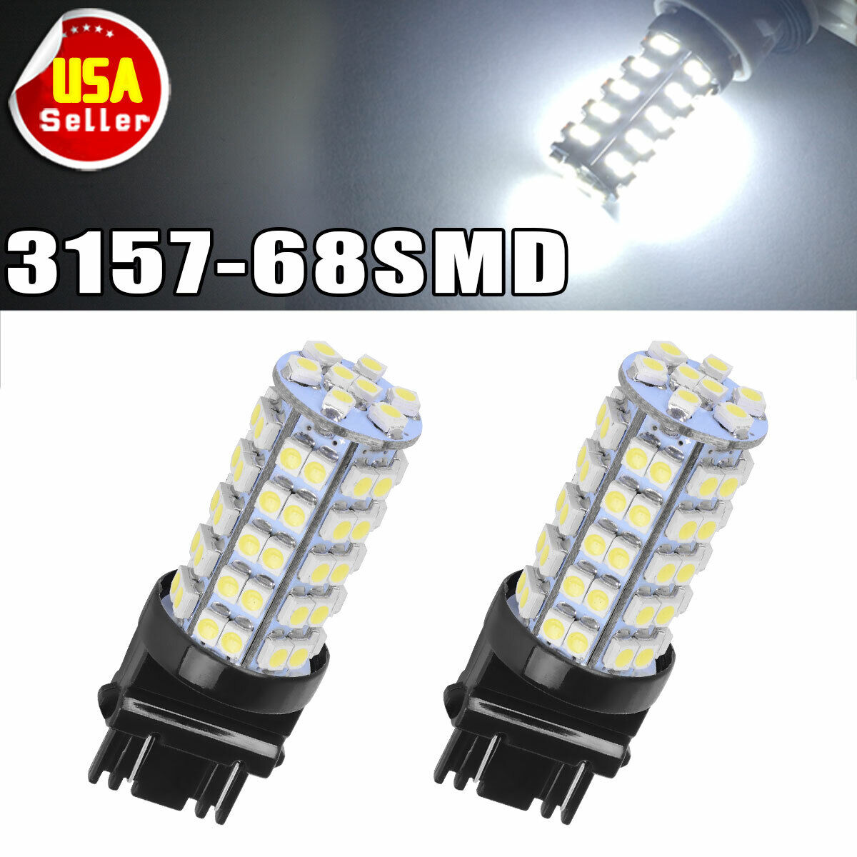 2X White 3157 3156 Car Reverse Light Backup 68-SMD LED Bulb Lights 3057 3047