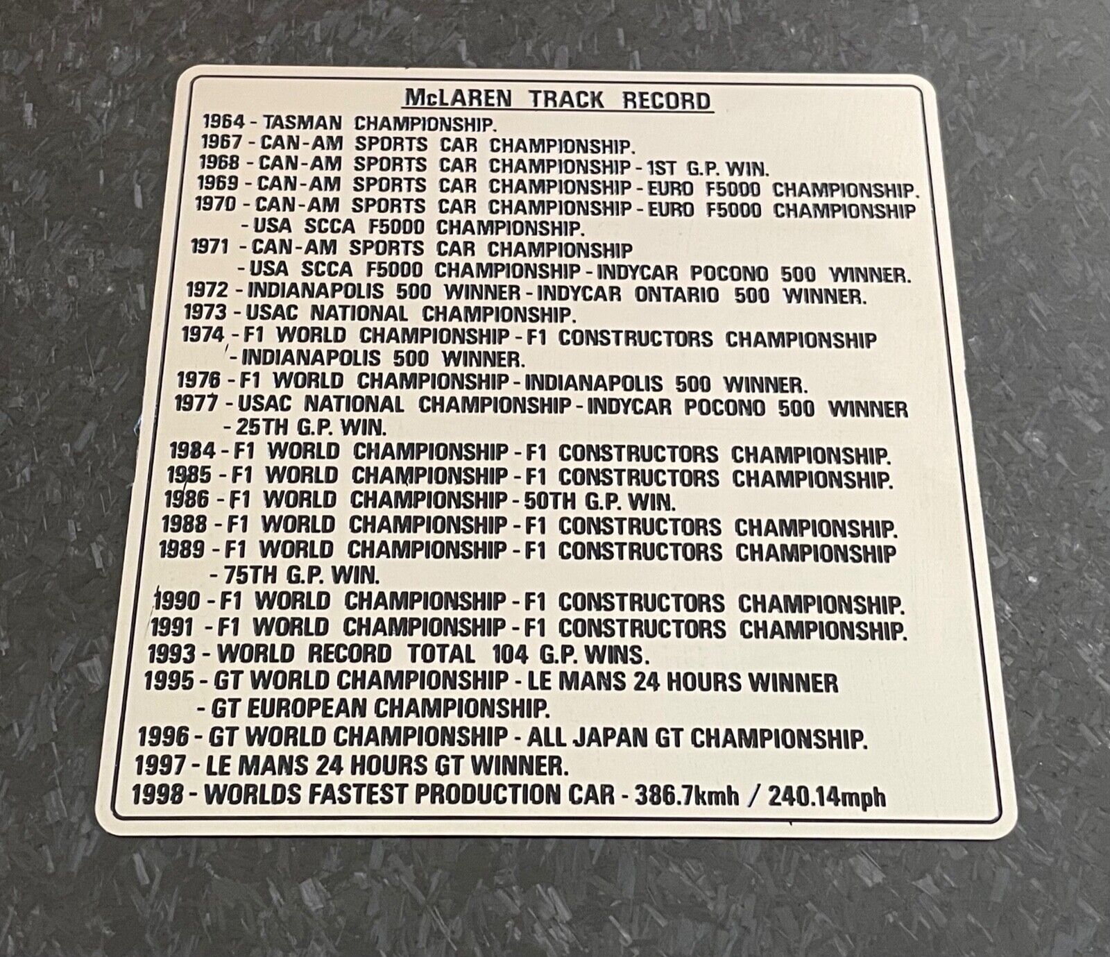 1998 Mclaren F1 Track Record Dedication Plate Emblem Plaque Rare Collectible 