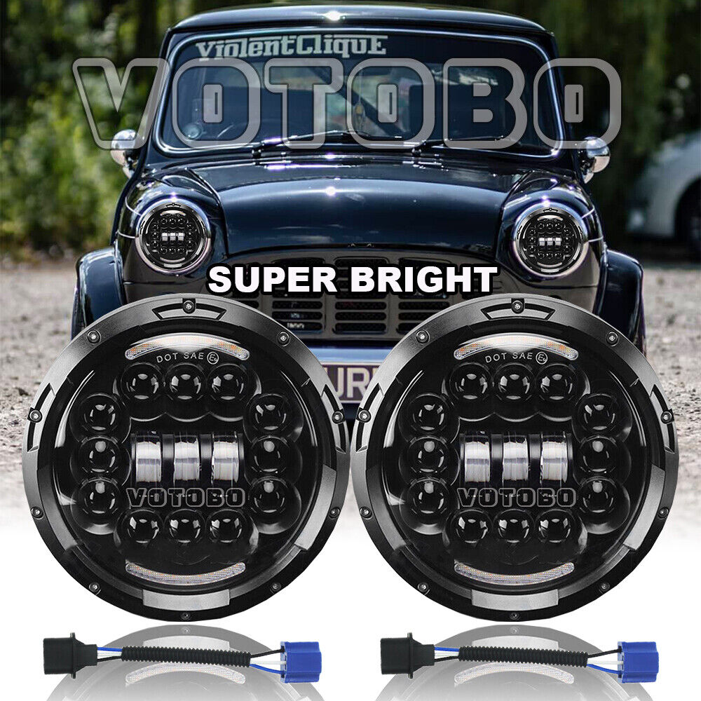 DOT 7\'\' round Black LED Headlights Halo Hi/Lo Beam for Classic Mini Austin Rover