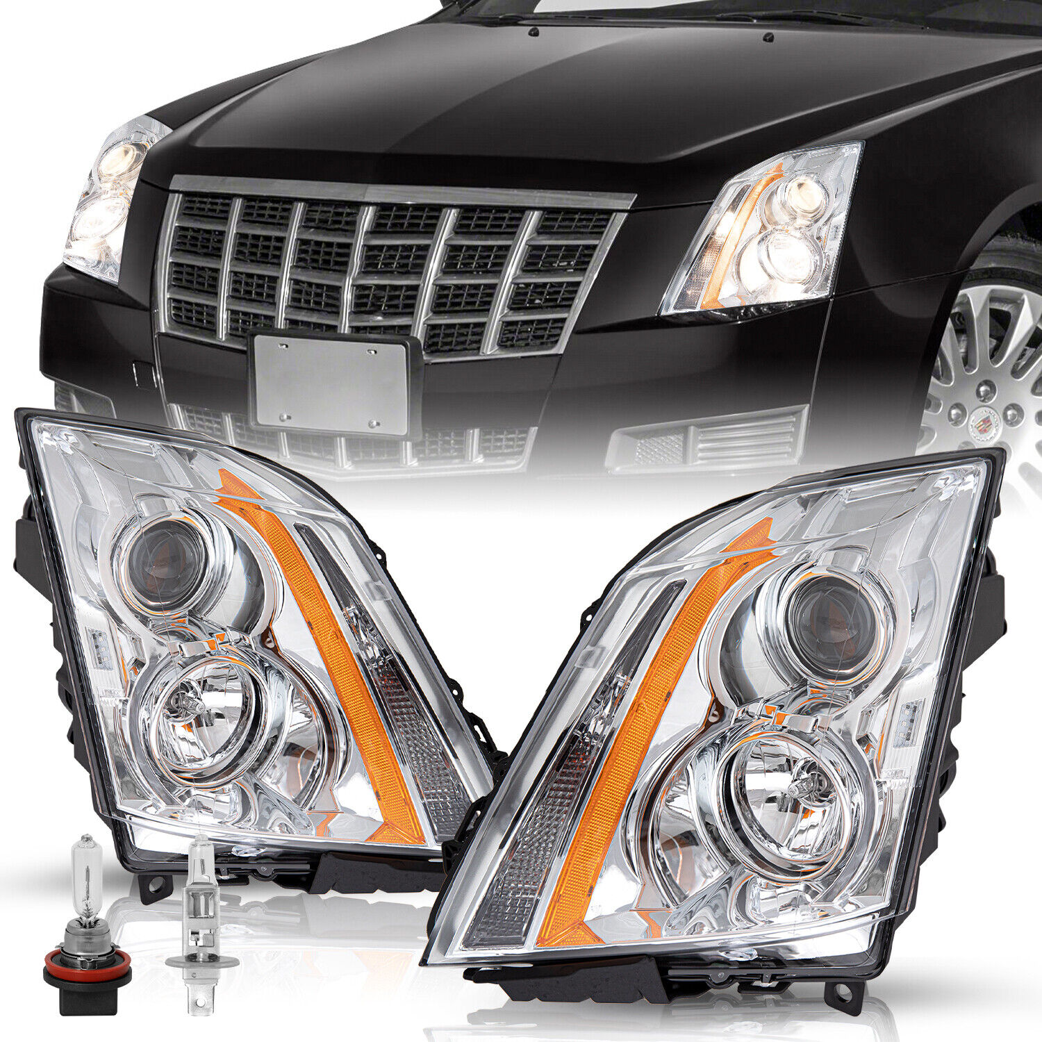 For 2008-2014 Cadillac CTS Chrome Amber Halogen Headlight Headlamp LH+RH w/Bulbs