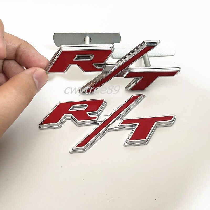 2X Chrome Red OEM For RT Front Grill Emblems R/T Trunk Sticker Silver Car Badge