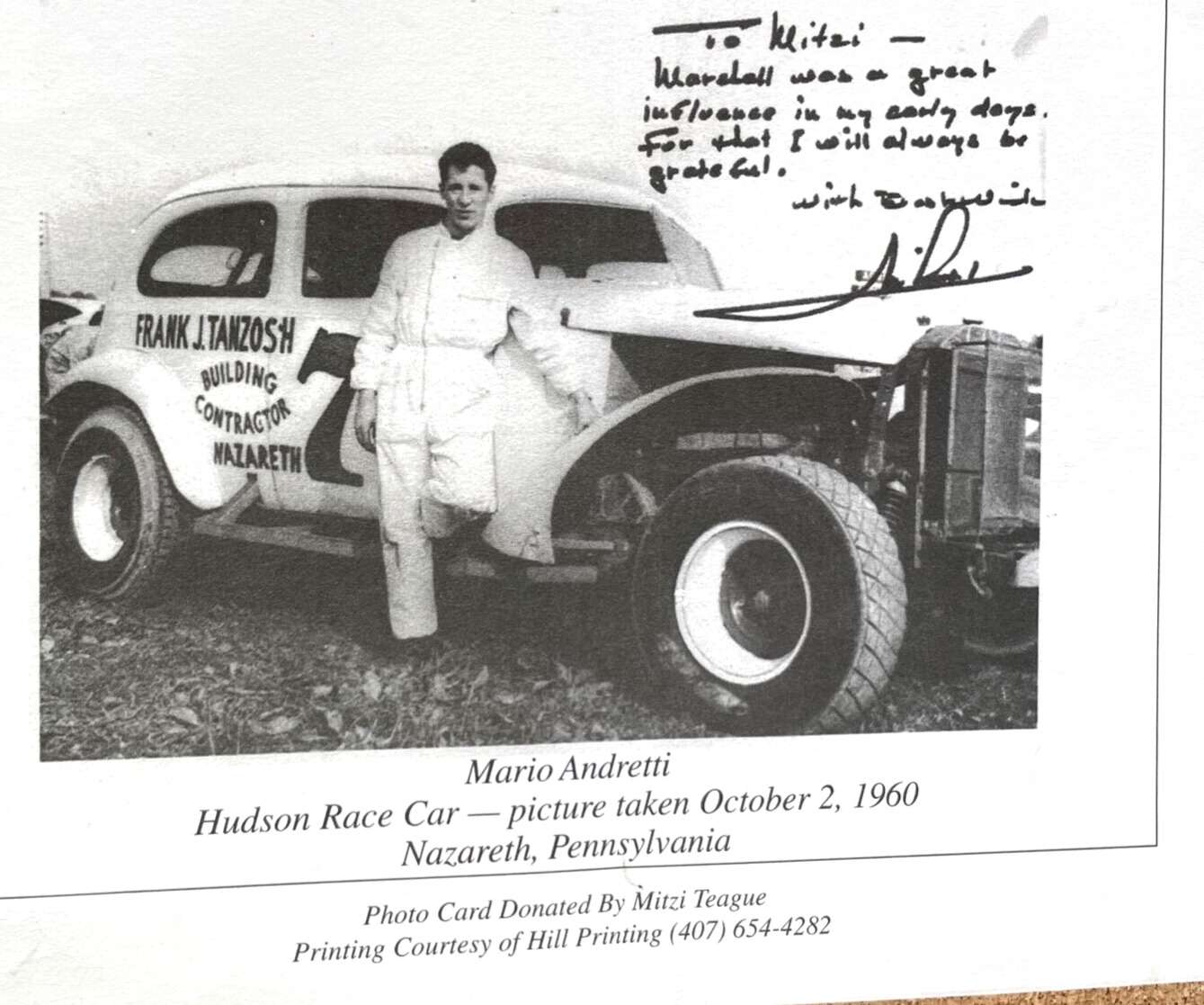 Mario Andretti 1937 Hudson Racer Photo Card Mitzi Marshal Teague Bethlehem PA