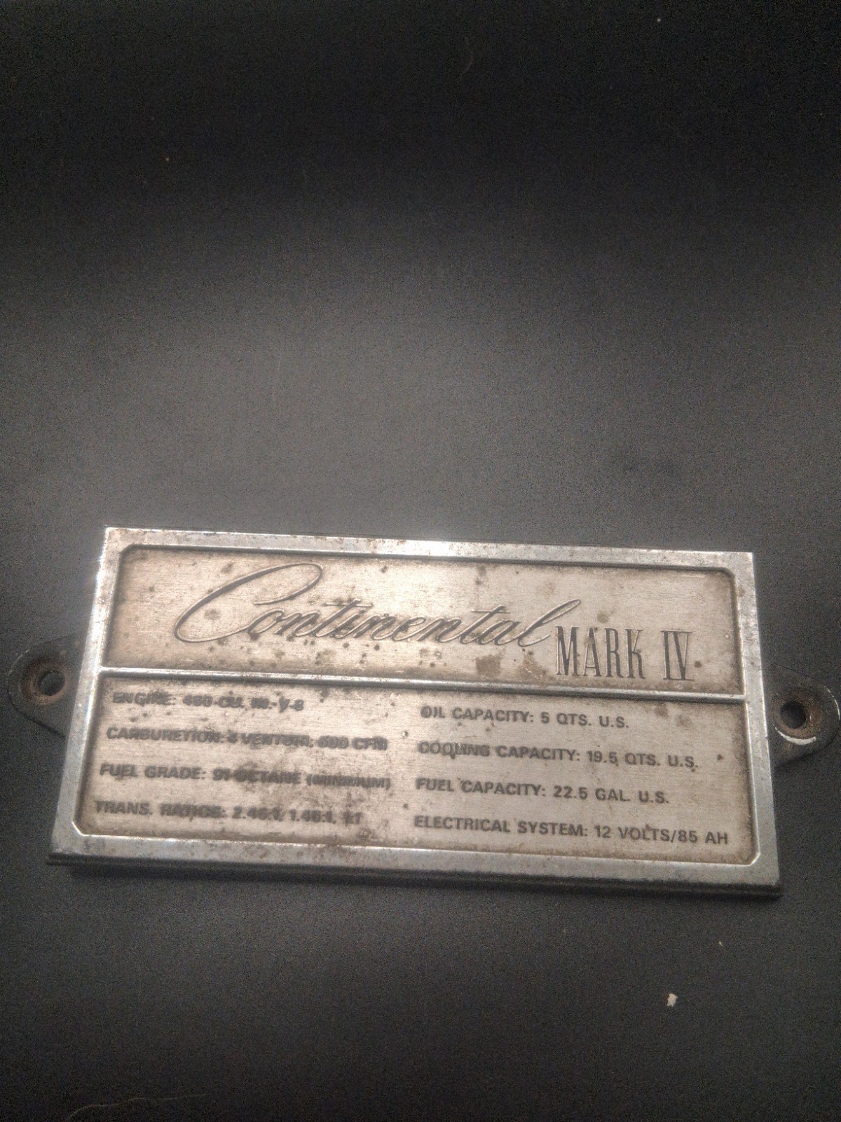 1968-1971  Lincoln Continental Mark IV Engine Data Plate