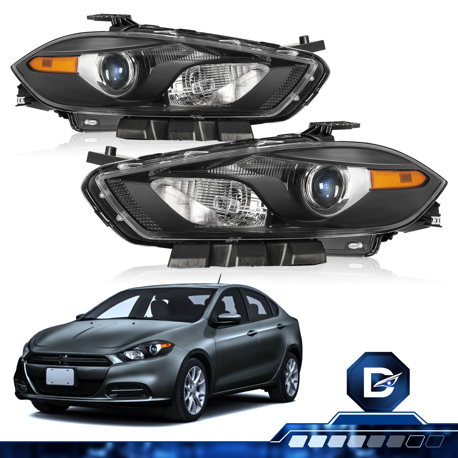 For 2013-2016 Dodge Dart Halogen Black Headlights Headlamps Replacement LH & RH