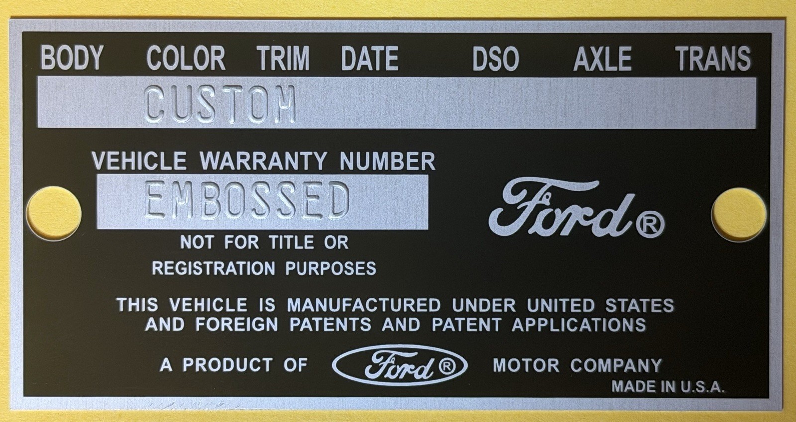1965 Ford Mustang Falcon Fairlane Car Truck Door Tag Data Plate **EMBOSSED w/ #s