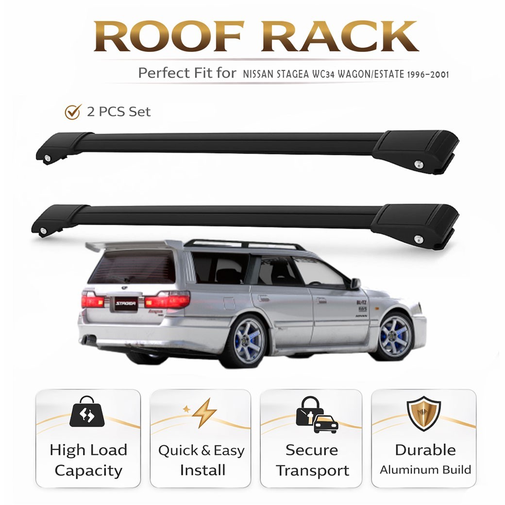 Roof Rack Cross Bars Nissan Stagea WC34 1996–2001 Black 2X Open Box