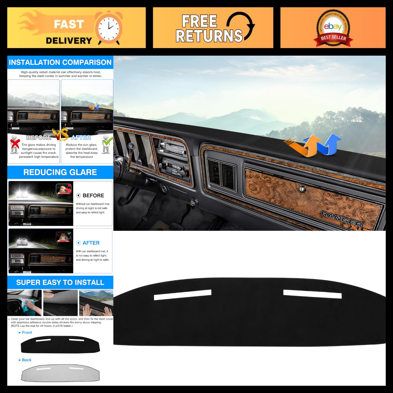 Dashboard Cover Mat for 1973-1979 Ford F100 F150 F250 F350 Bronco - Velvet Sunsh